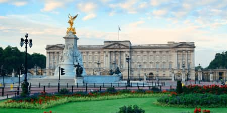 Buckingham Palace with gardens in foreground 